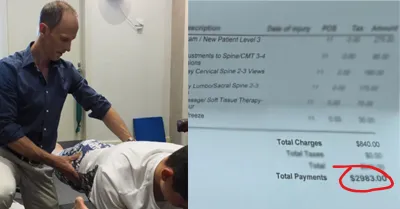 A chiropractor adjusting a patient, beside that patient's itemised clinic invoice showing total charges of $840.00 and total payments of $2,963.00