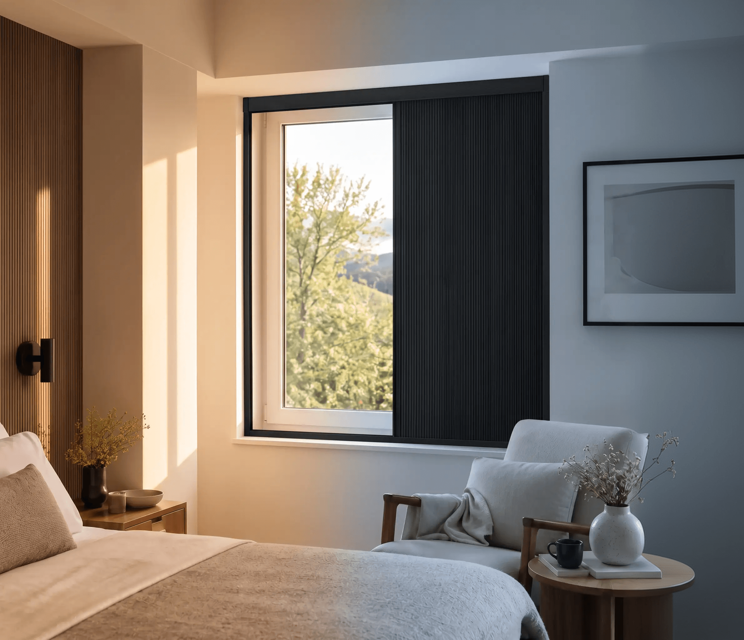 Bedroom window showing warm daylight on one side and a cooler shaded area behind Sleepr Blind