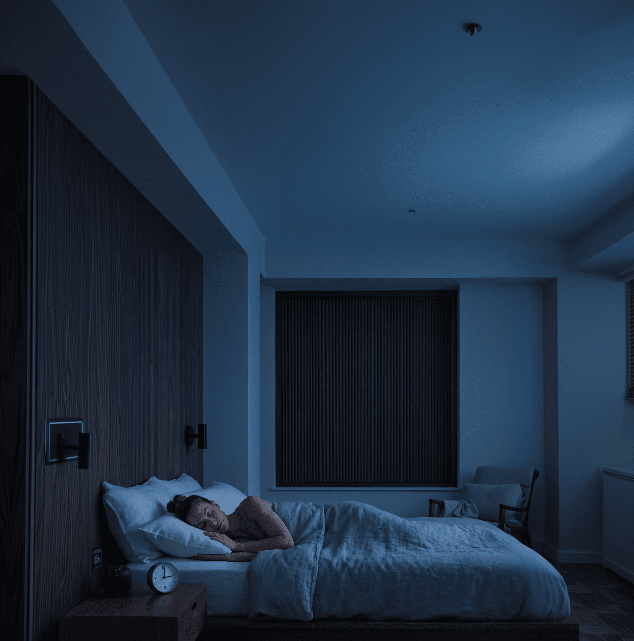 Sleepr Blind sliding horizontally across a bright bedroom window until it is fully closed