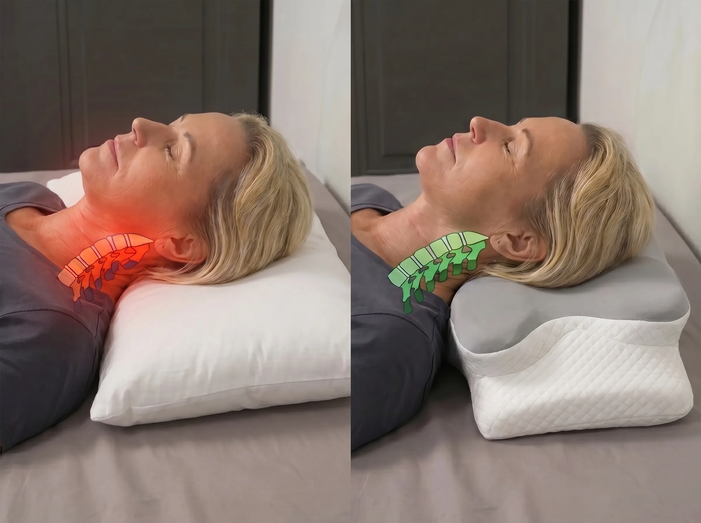 Two The Sleepr Ergo pillows on a bed