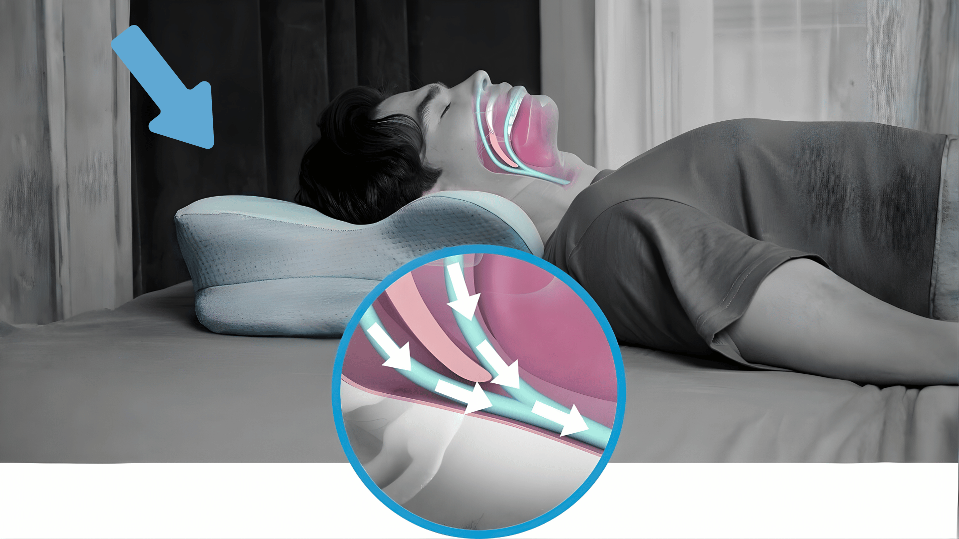 Diagram showing the airway staying open with correct pillow support