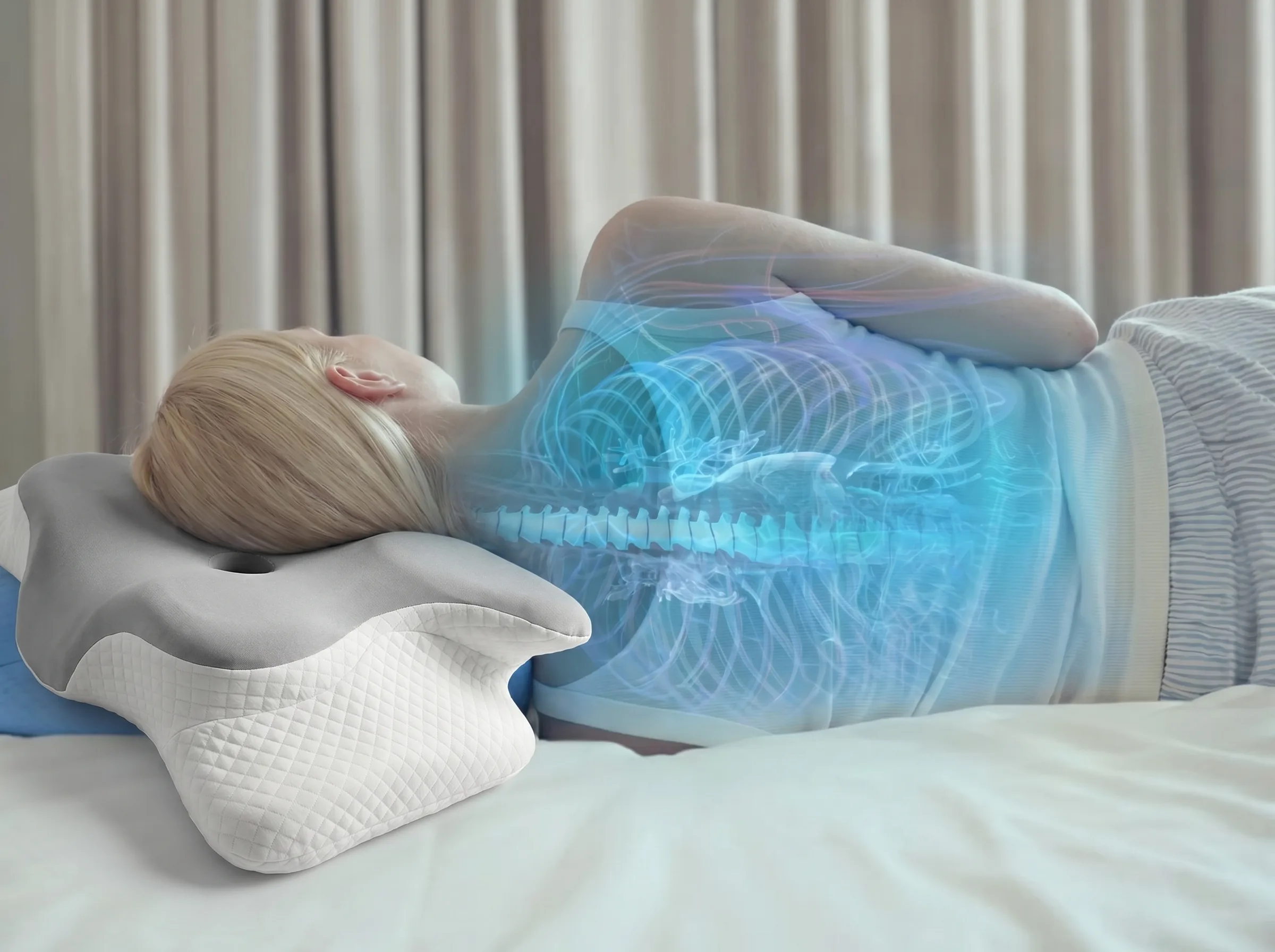 Woman sleeping peacefully on The Sleepr Ergo pillow