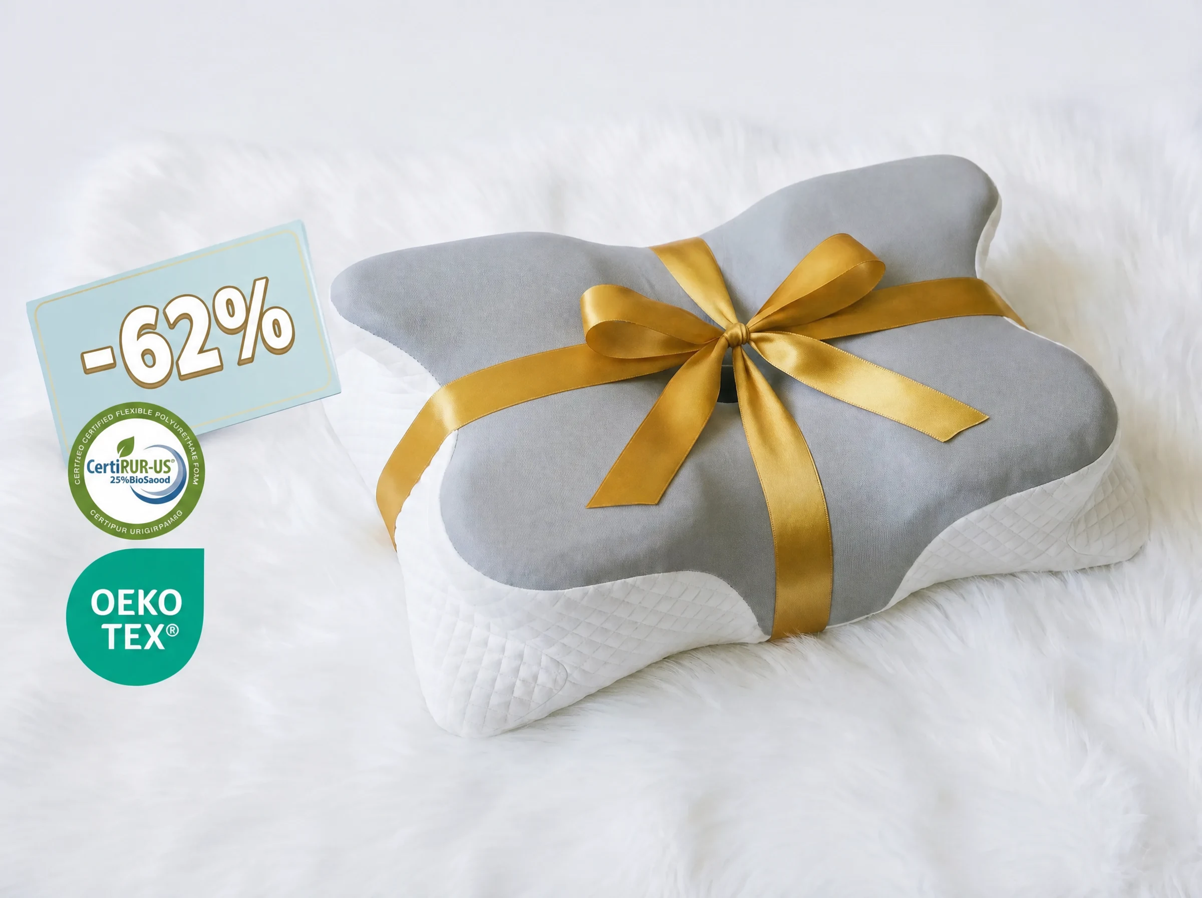 The Sleepr Ergo pillow with red gift ribbon — limited offer